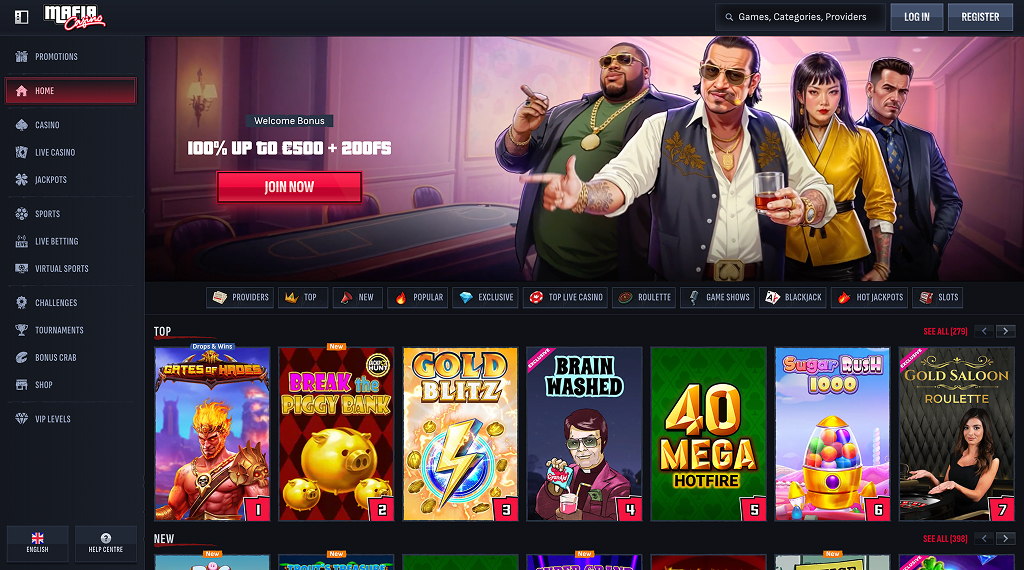 Mafia Casino Lobby mit Welcome Bonus